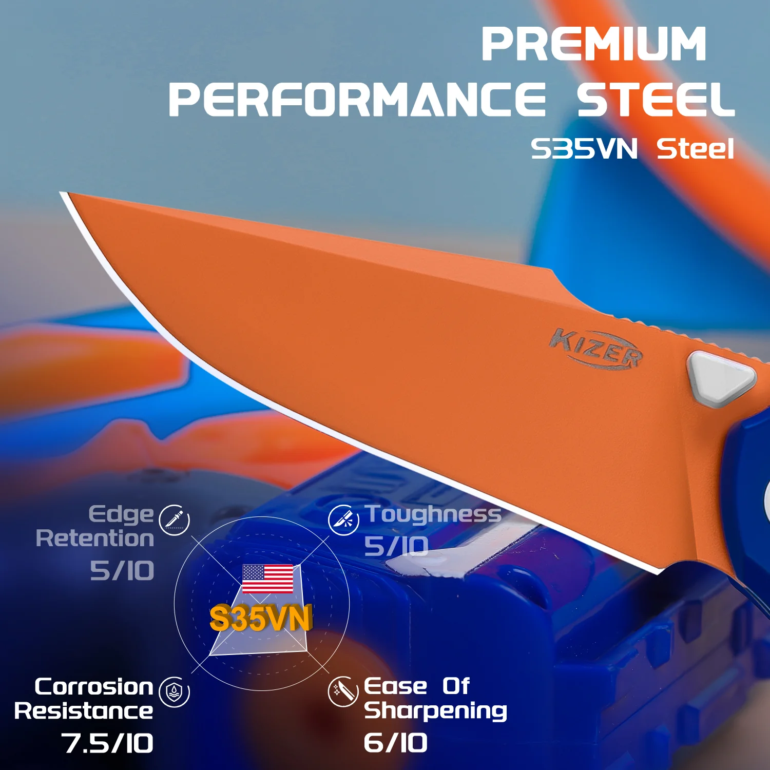 Feweed | S35VN | Blue & Orange Handle | KizerB™ 3694A8 - Image 12