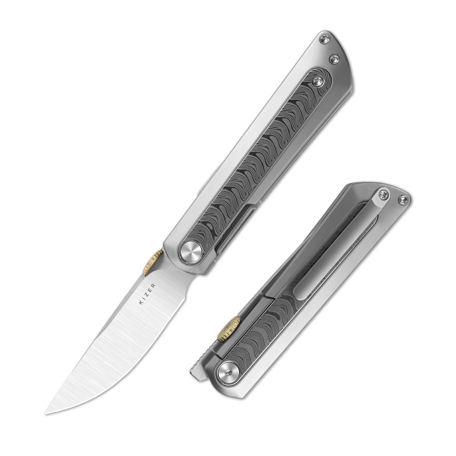 Quoll | S45VN | Titanium & Rainbow Damascus | Satin Brushed | KizerB™ 3733A1 - Image 2