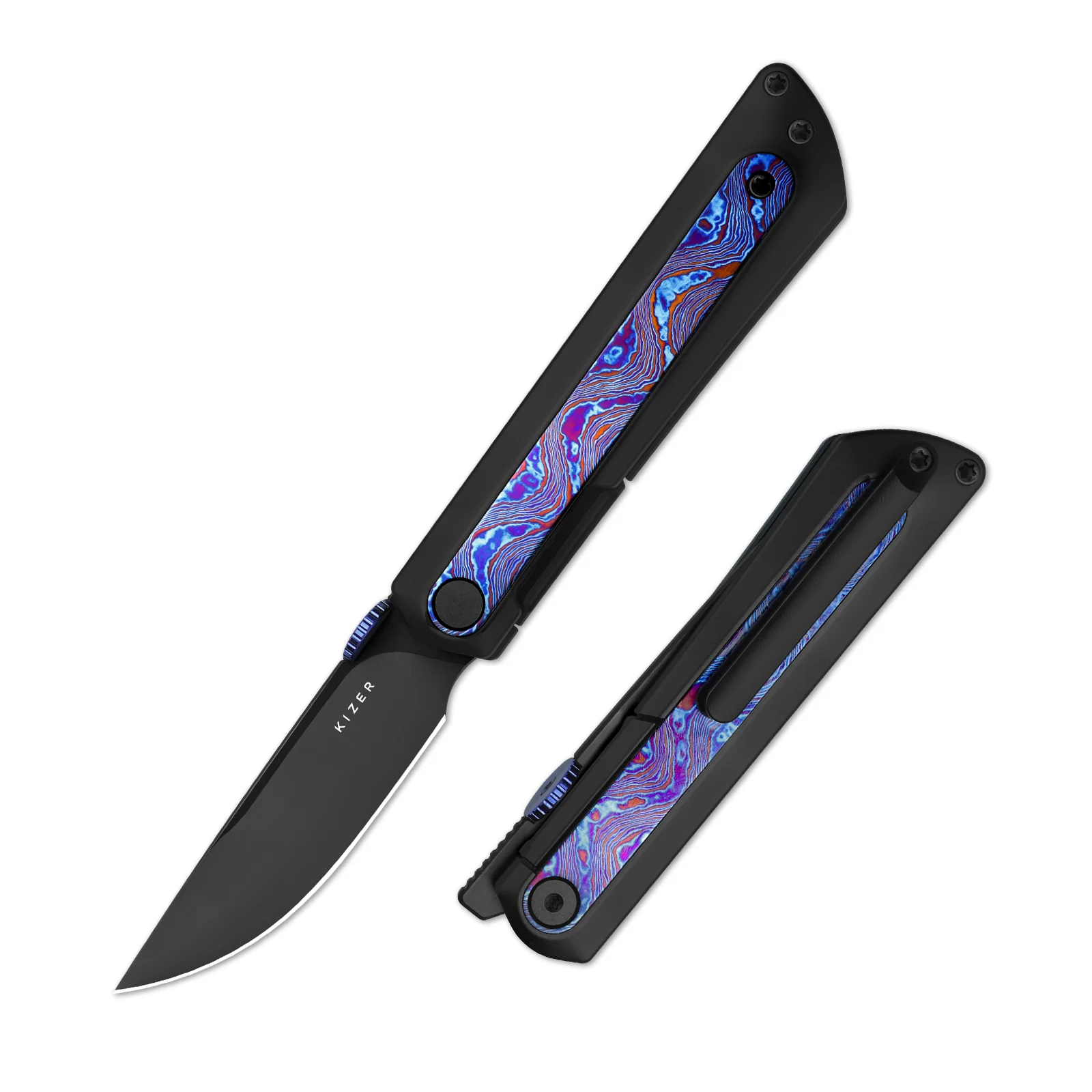 Quoll | S45VN | Titanium & Titanium Damascus | Brushed | Matte DLC.Ultra | KizerB™ 3733A3 - Image 2