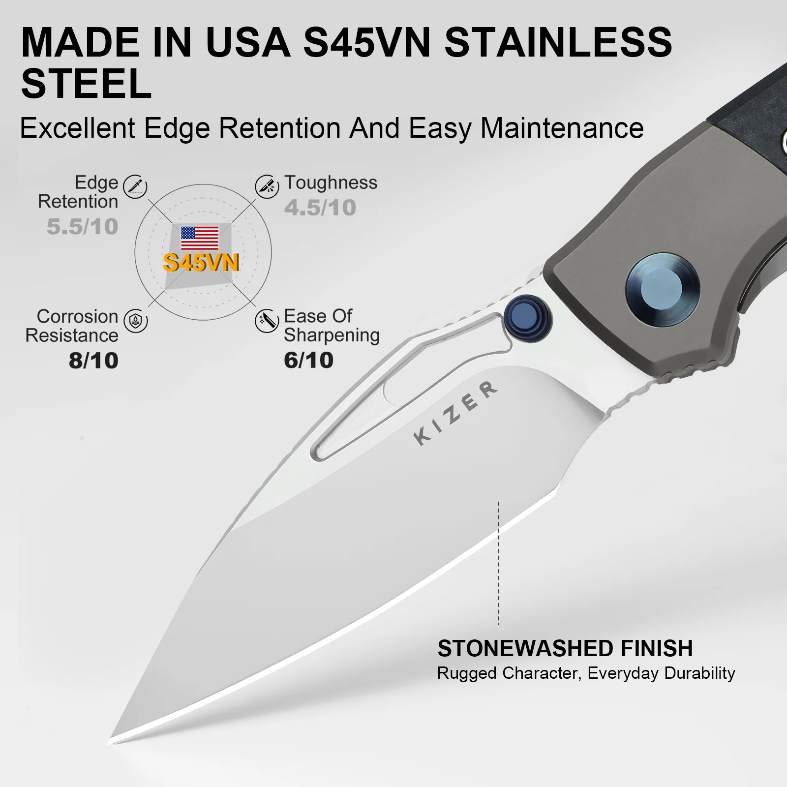 Shrike | S45VN | Titanium & Richlite | Front Flipper | KizerB™ 3746A3 - Image 11