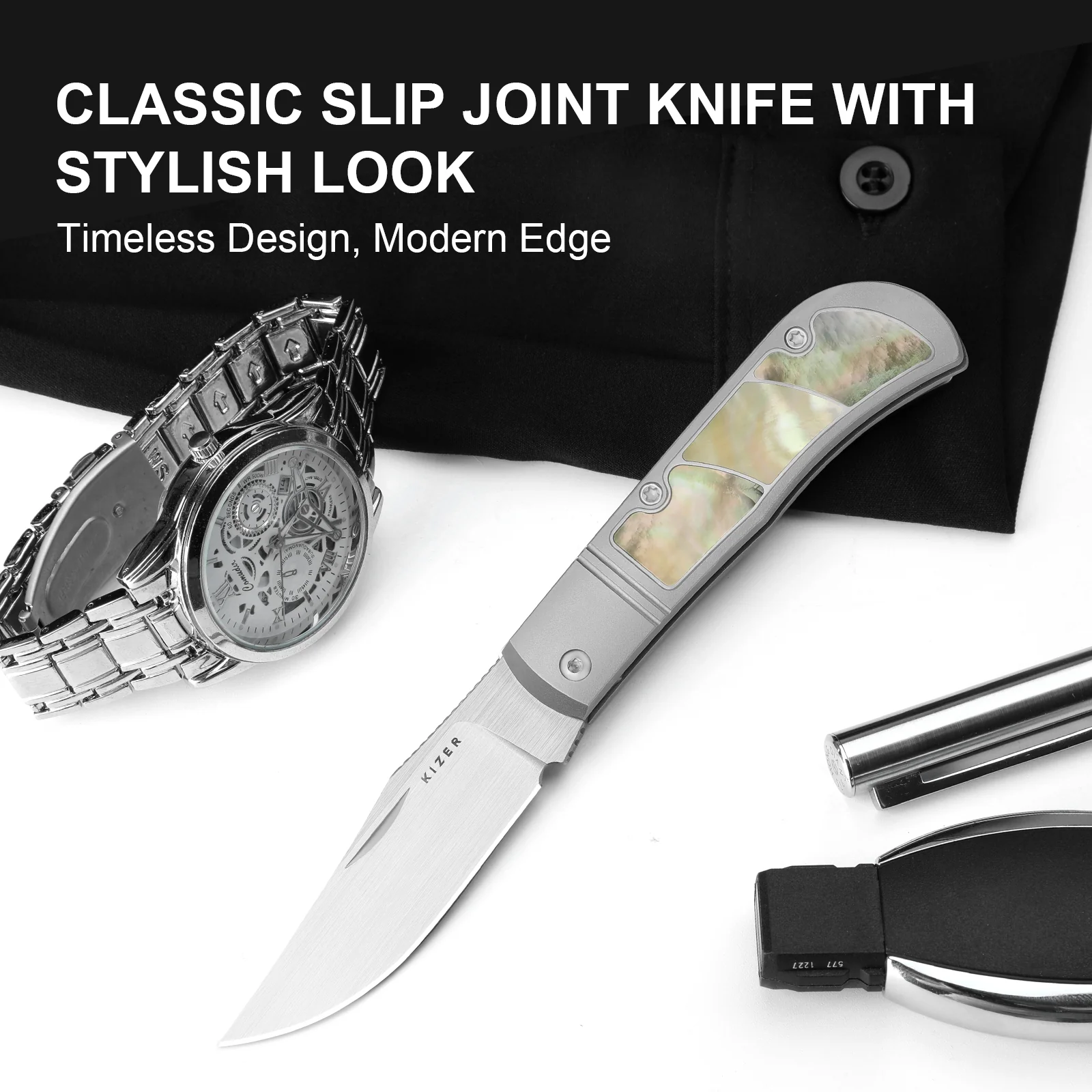 Trestle | S45VN | Titanium & Mother of Pearl | KizerB™ 3761A3 - Image 13