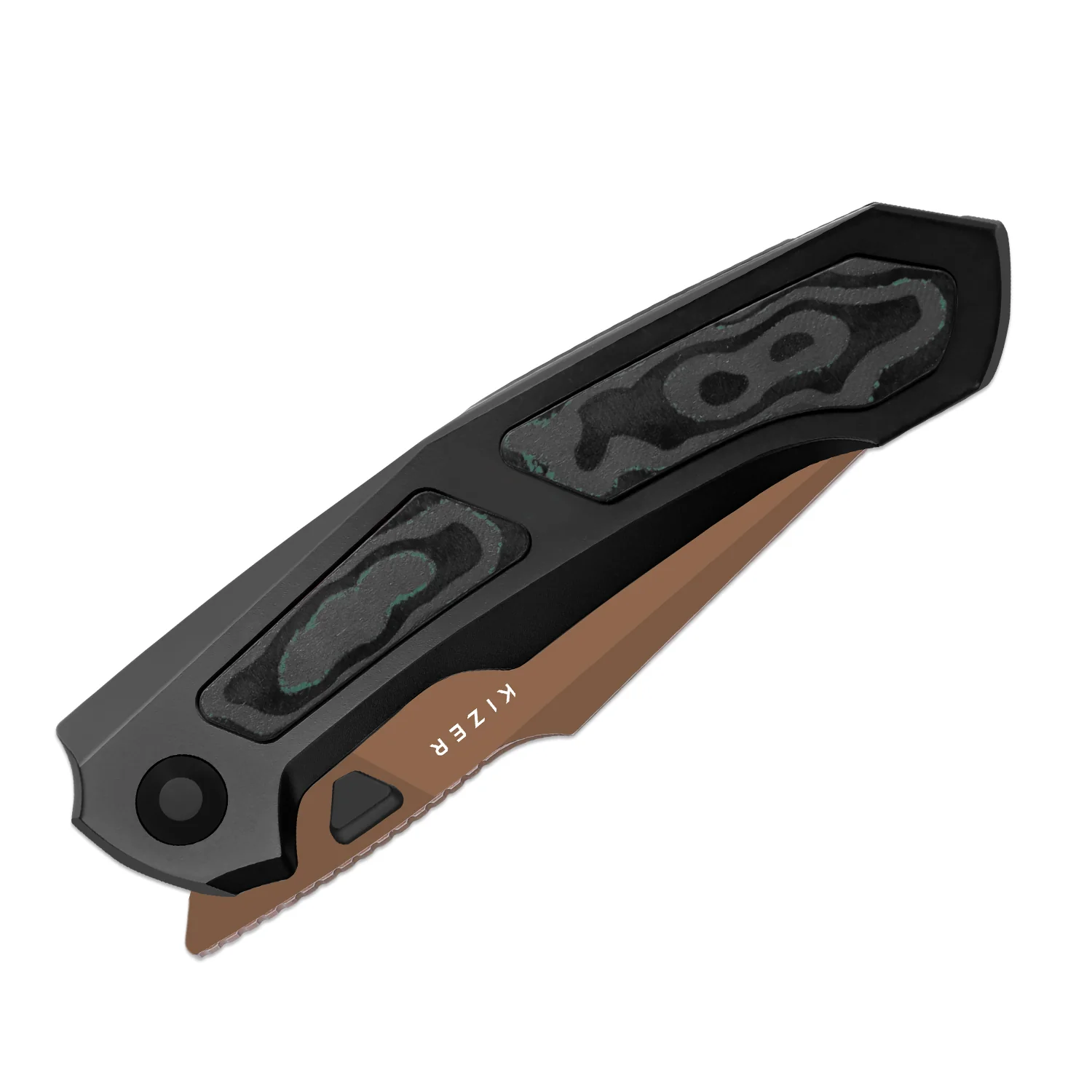 Feweed XL | S90V | Harpoon Blade | Titanium & Camo Carbon Shipwreck|KizerB™ 4694A3 - Image 4