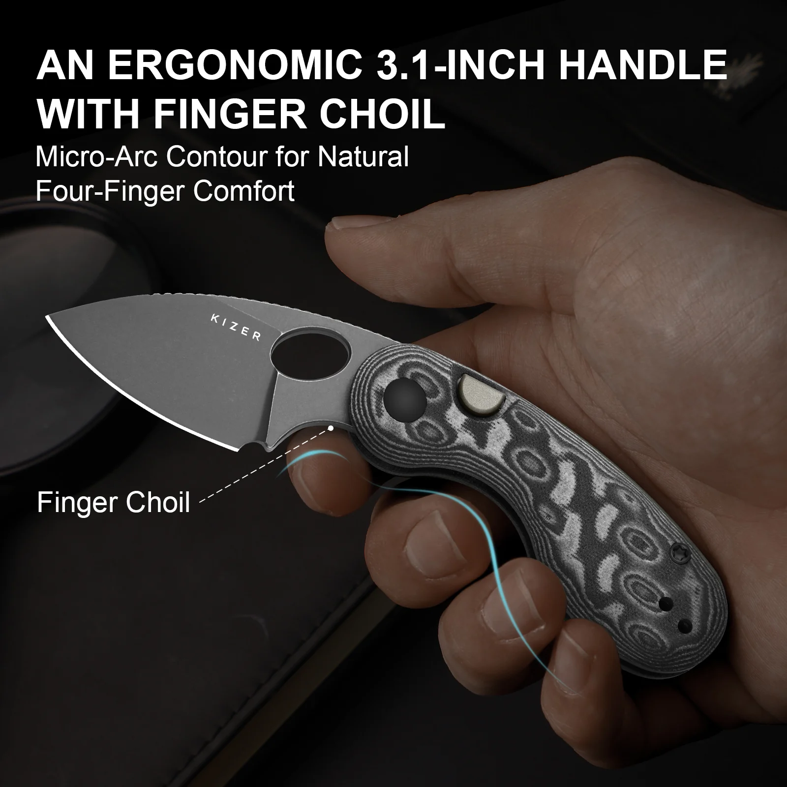 Microbe™ | Kizer Button Liner Lock™ | Micarta With Vortex Pattern | 14C28N | KizerV™ 2742A5 - Image 10