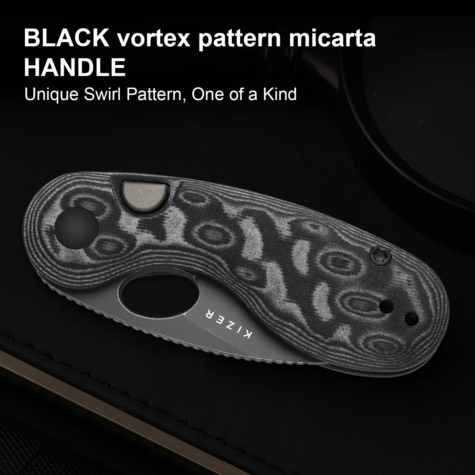 Microbe™ | Kizer Button Liner Lock™ | Micarta With Vortex Pattern | 14C28N | KizerV™ 2742A5 - Image 12