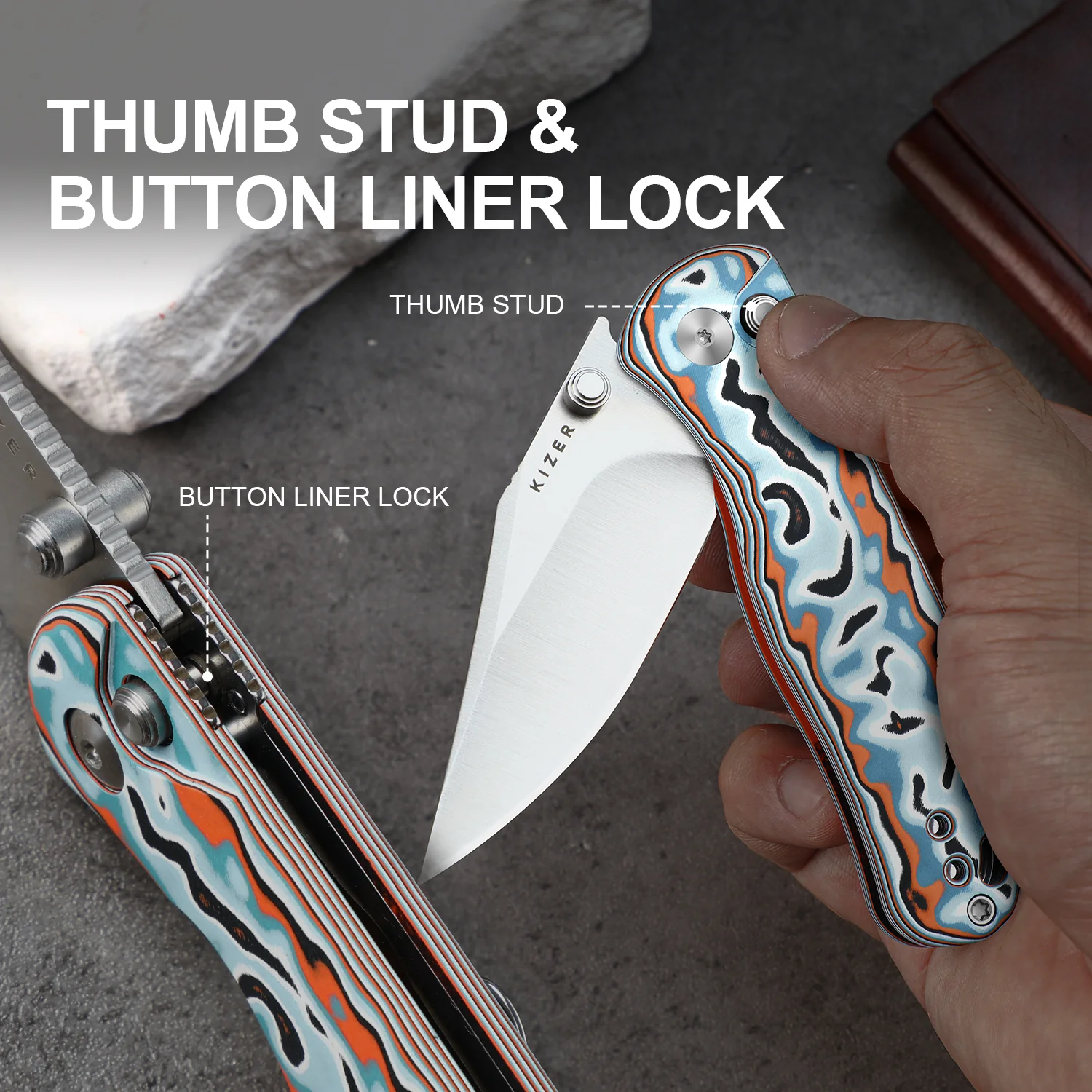 Drop Bear® 2 | Kizer Button Liner Lock™ | Nitro-V | Micarta With Vortex Pattern | KizerV™ 3619.2PR1 - Image 7