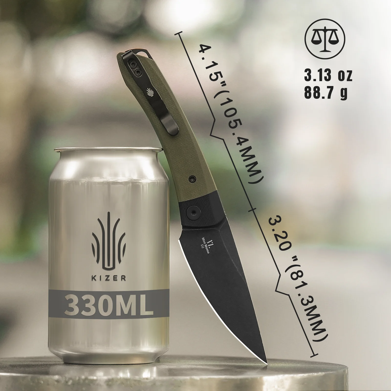 Mini Momo | D2 | Black G10+Olive Green G10 | KizerV™ 3663M2 - Image 15
