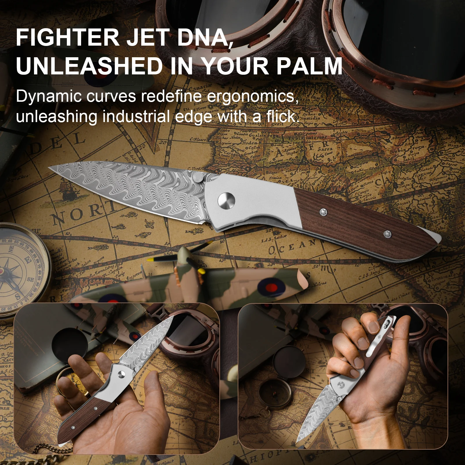 Spitfire | Damascus Steel | Aluminum & Mkuruti Wood | KizerV™ 3690A3 - Image 13
