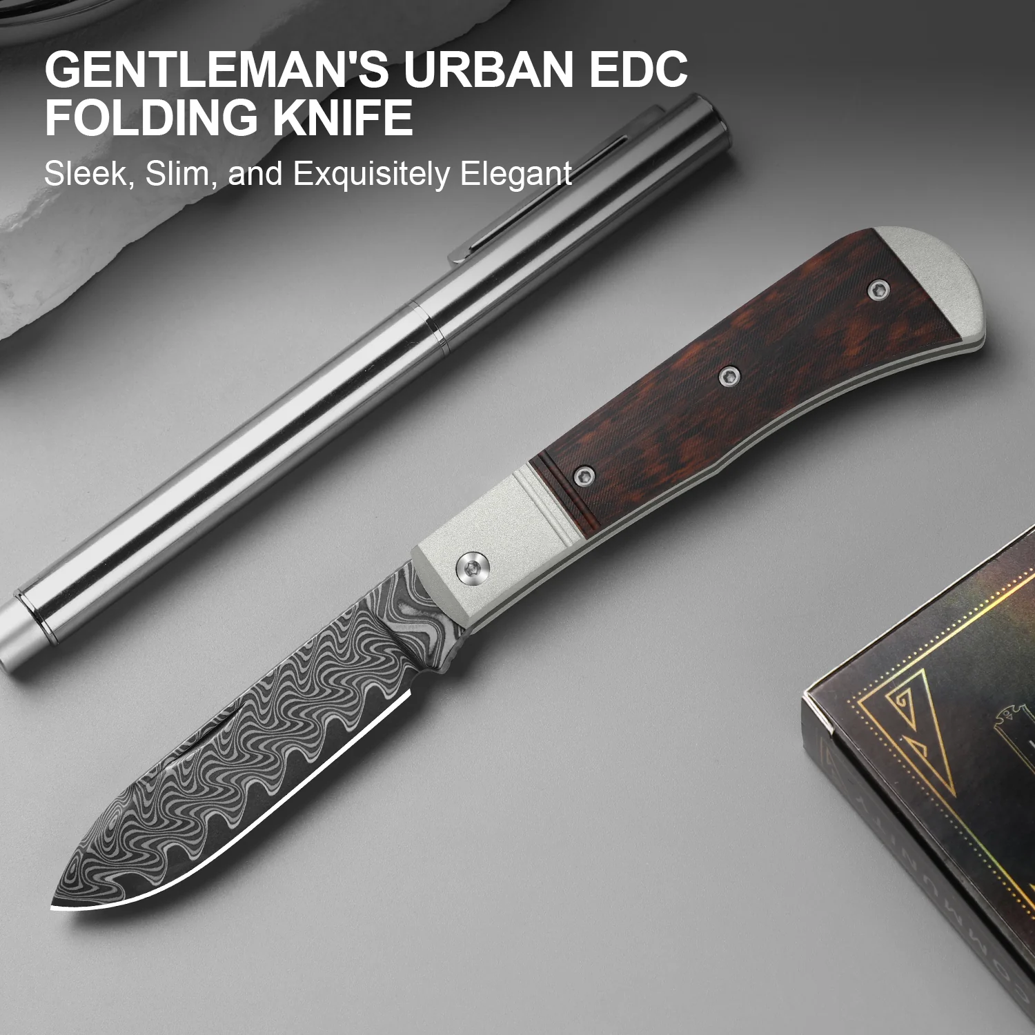 Trestle D | Acid-washed Damascus | Aluminum & Leopardwood | Slip Joint | KizerV™ 3760A3 - Image 13