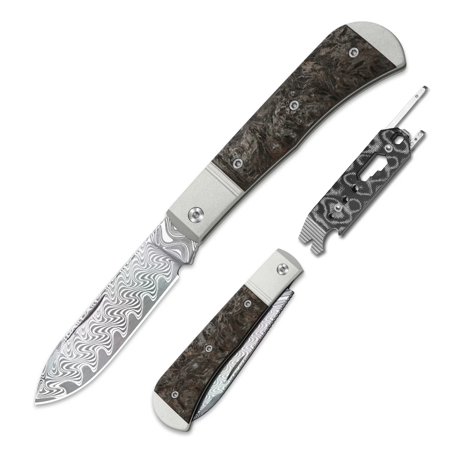 Trestle D With Pac-Bar | Rainbow Damascus | Aluminum & Fat Carbon | Slip Joint | KizerV™ 3760A4 - Image 2