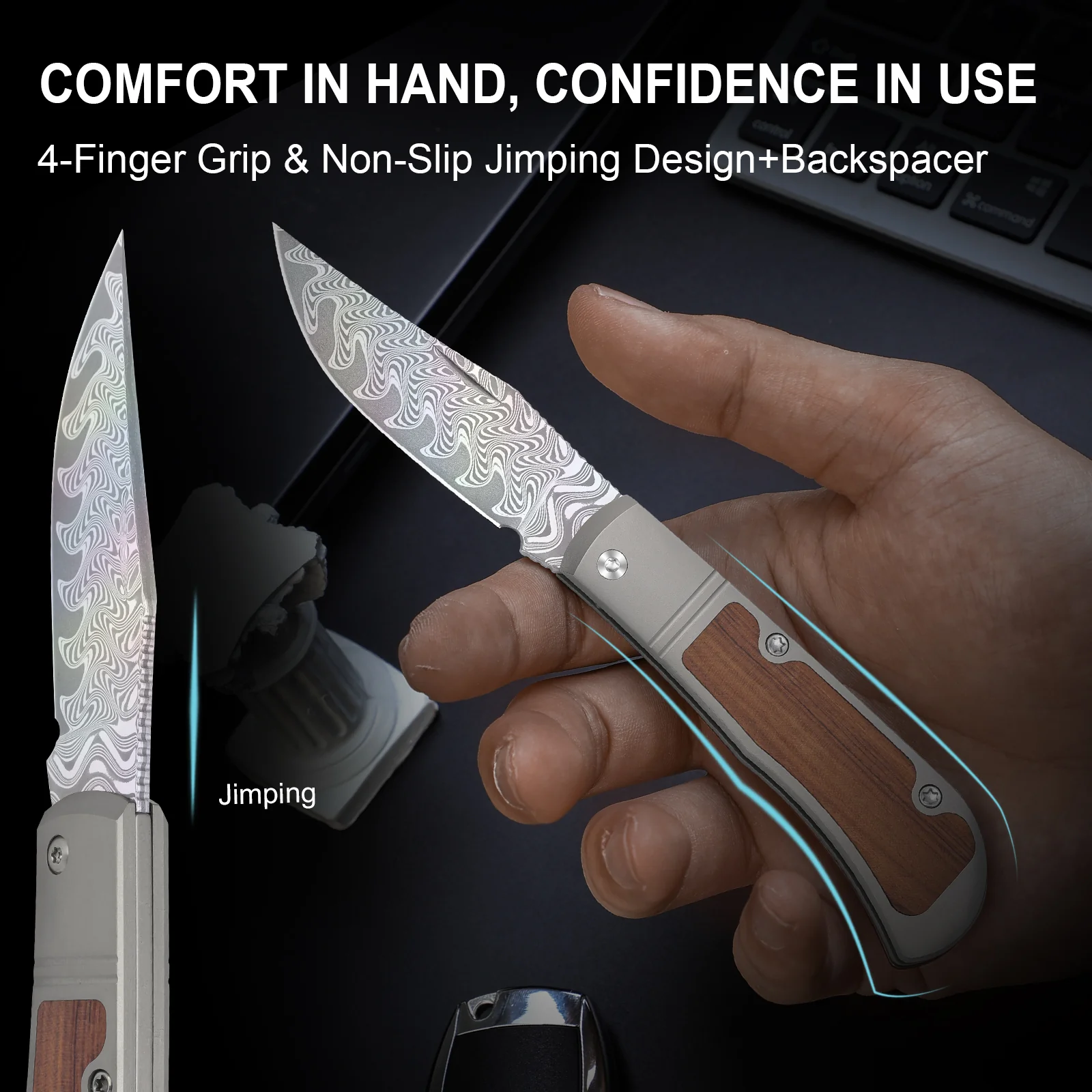 Trestle | Rainbow Damascus | Acid.washed | Titanium & Mkuruti Wood | KizerV™ 3761A3 - Image 15