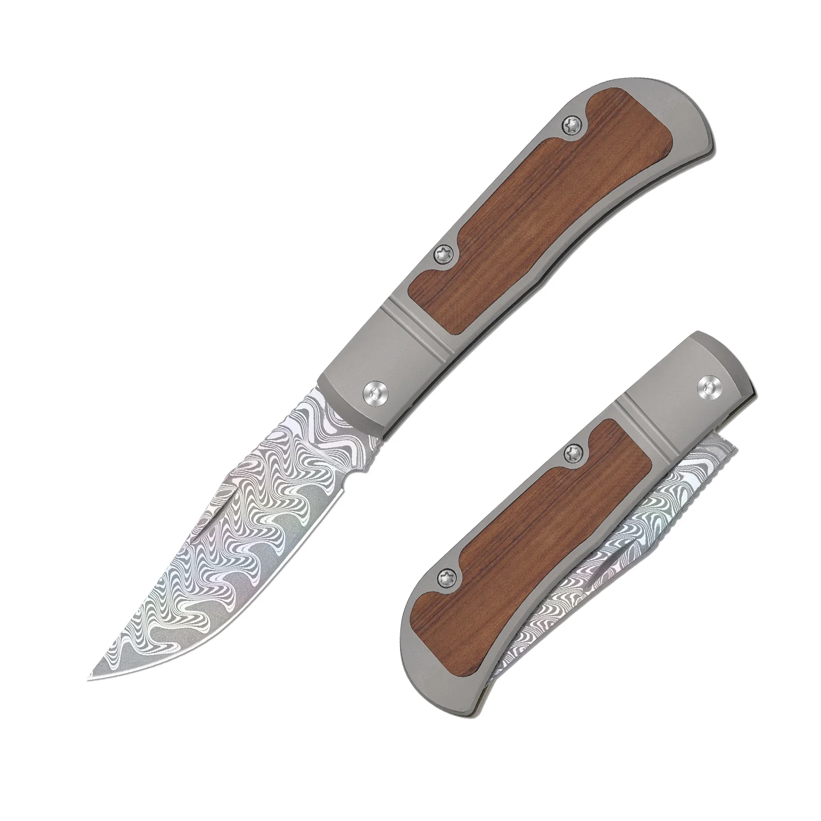 Trestle | Rainbow Damascus | Acid.washed | Titanium & Mkuruti Wood | KizerV™ 3761A3 - Image 2