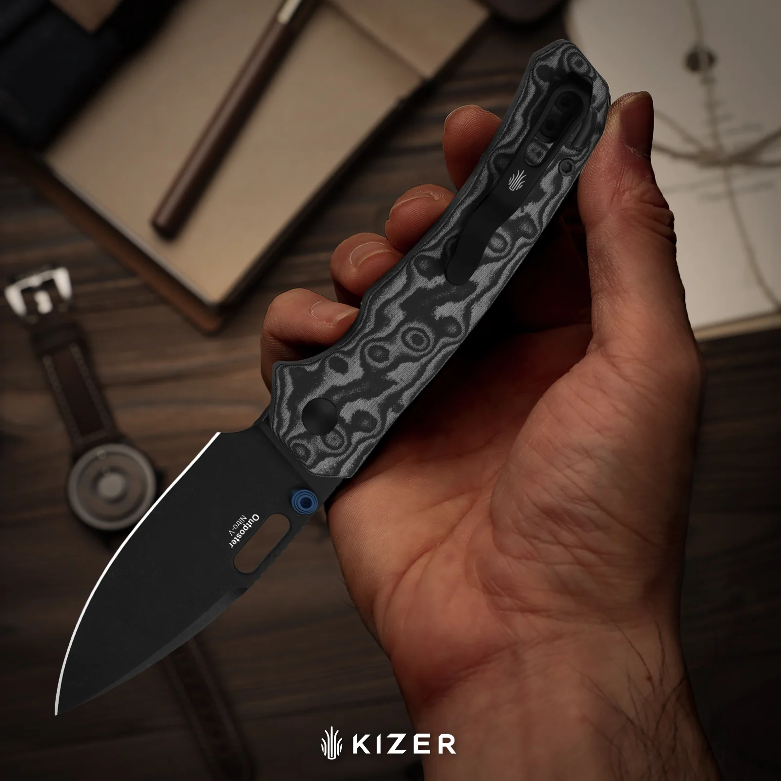 Outposter | Kizer Button Liner Lock™ | Vortex Pattern Micarta  | Nitro-V + PVD Coating & Stonewashed | KizerV™ 3802BDA2 - Image 12