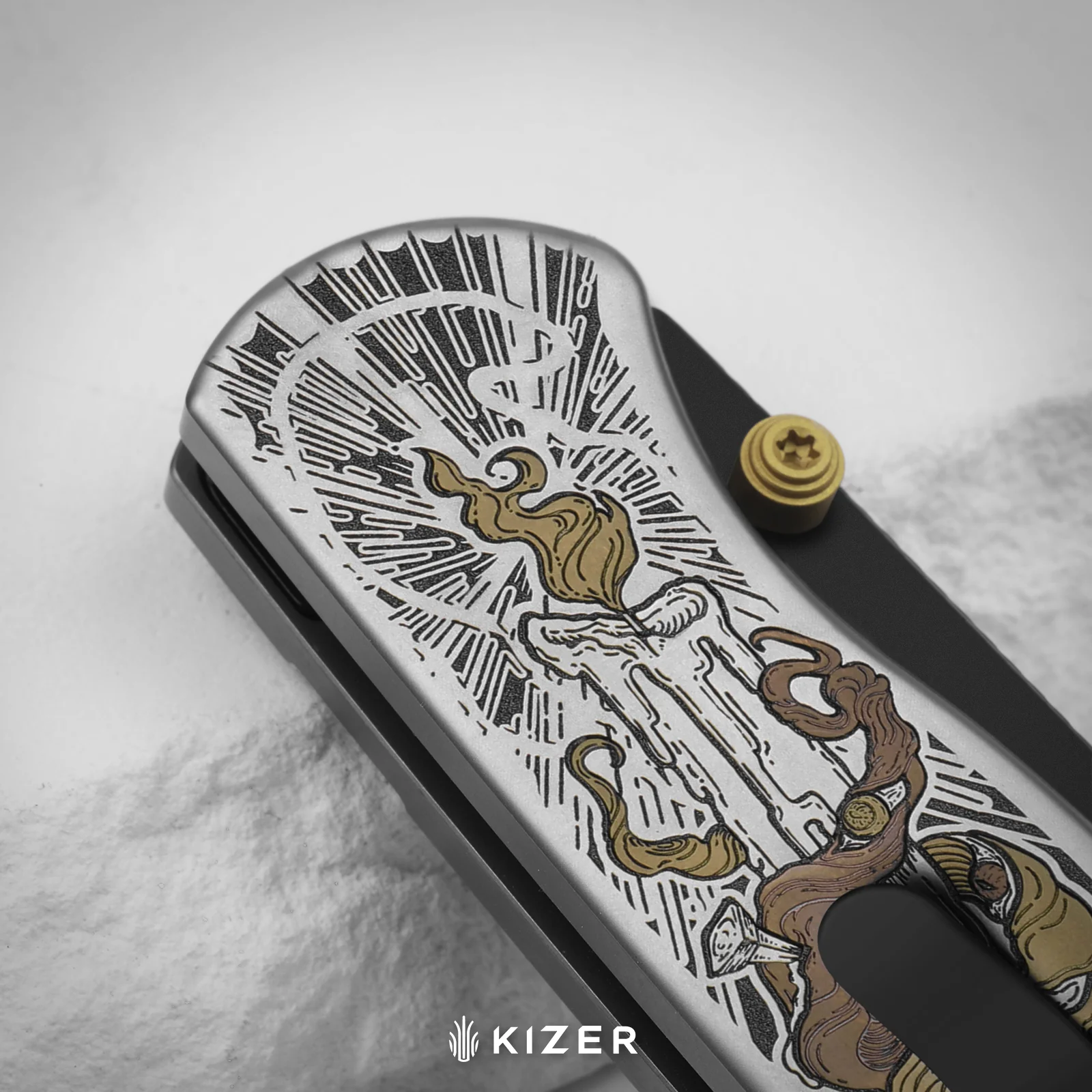 Drop Bear® Zero | Vanax | Hand-brushed | Hollow Grind | Titanium (Laser Engraved with Multi-tone Inlays) | Kizer Button Liner Lock™ | KizerX® 3619BDLA1 - Image 13