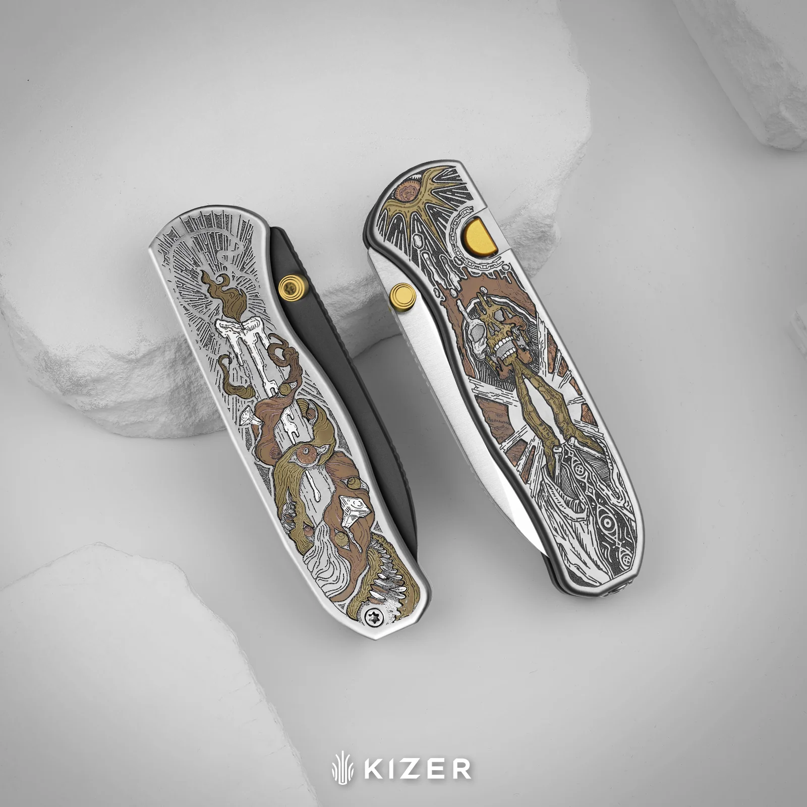 Drop Bear® Zero | Vanax | Hand-brushed | Hollow Grind | Titanium (Laser Engraved with Multi-tone Inlays) | Kizer Button Liner Lock™ | KizerX® 3619BDLA1 - Image 9